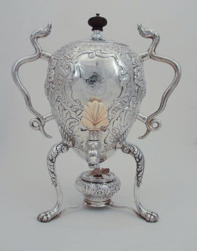 18th century silver coffee urn with snake handles and egg-shaped body