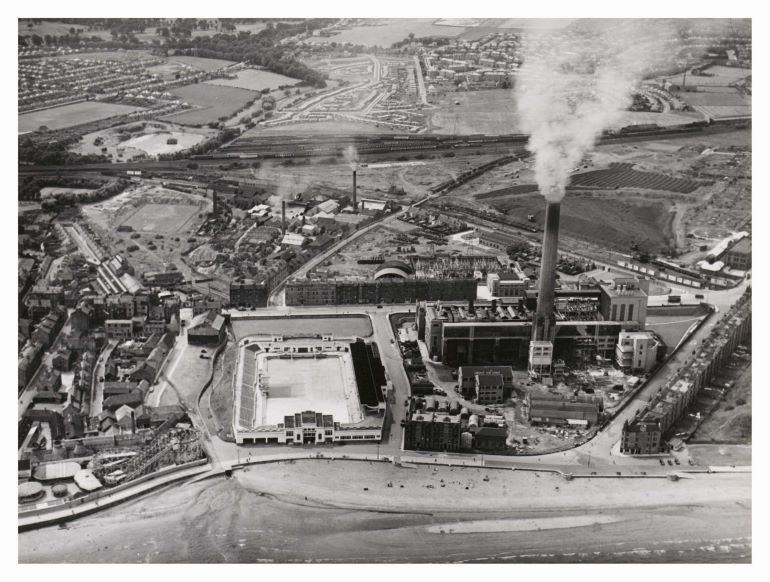 Aerial view of Portobello bathing pool and power station