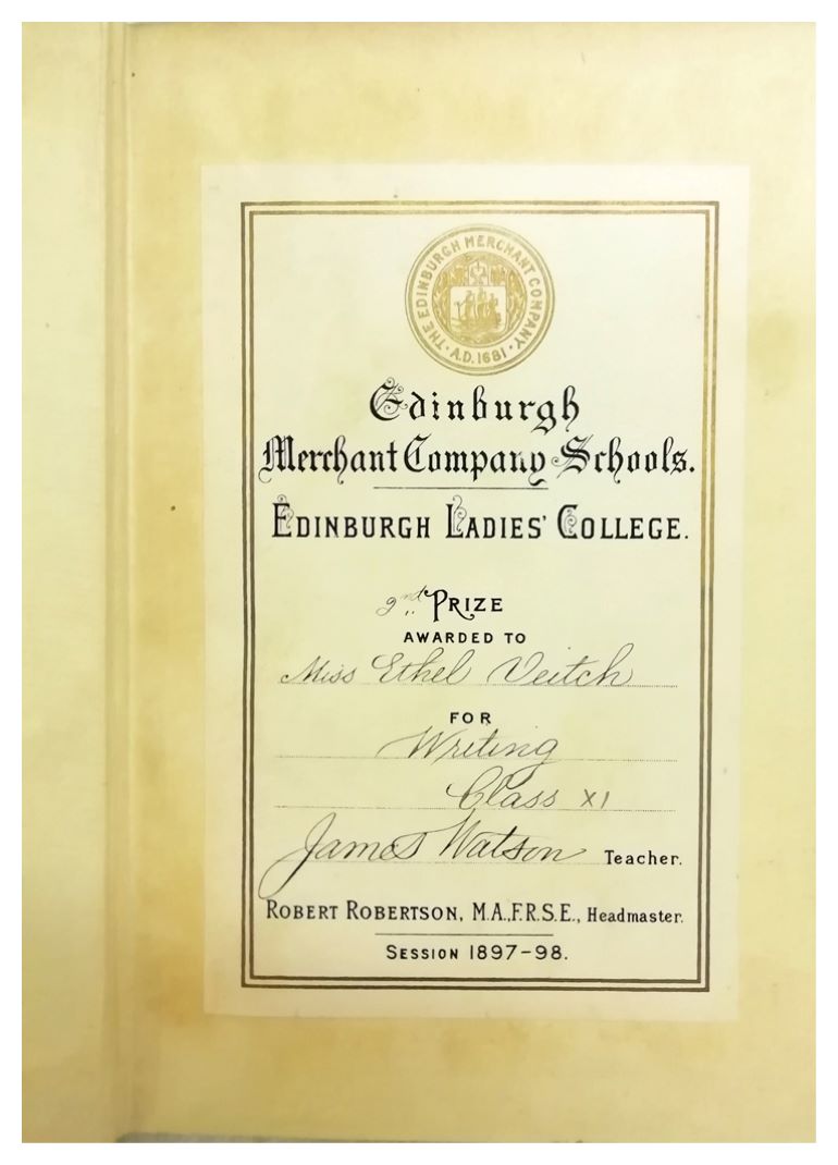 Bookplate certificate awarded to Ethel Veitch, 1897