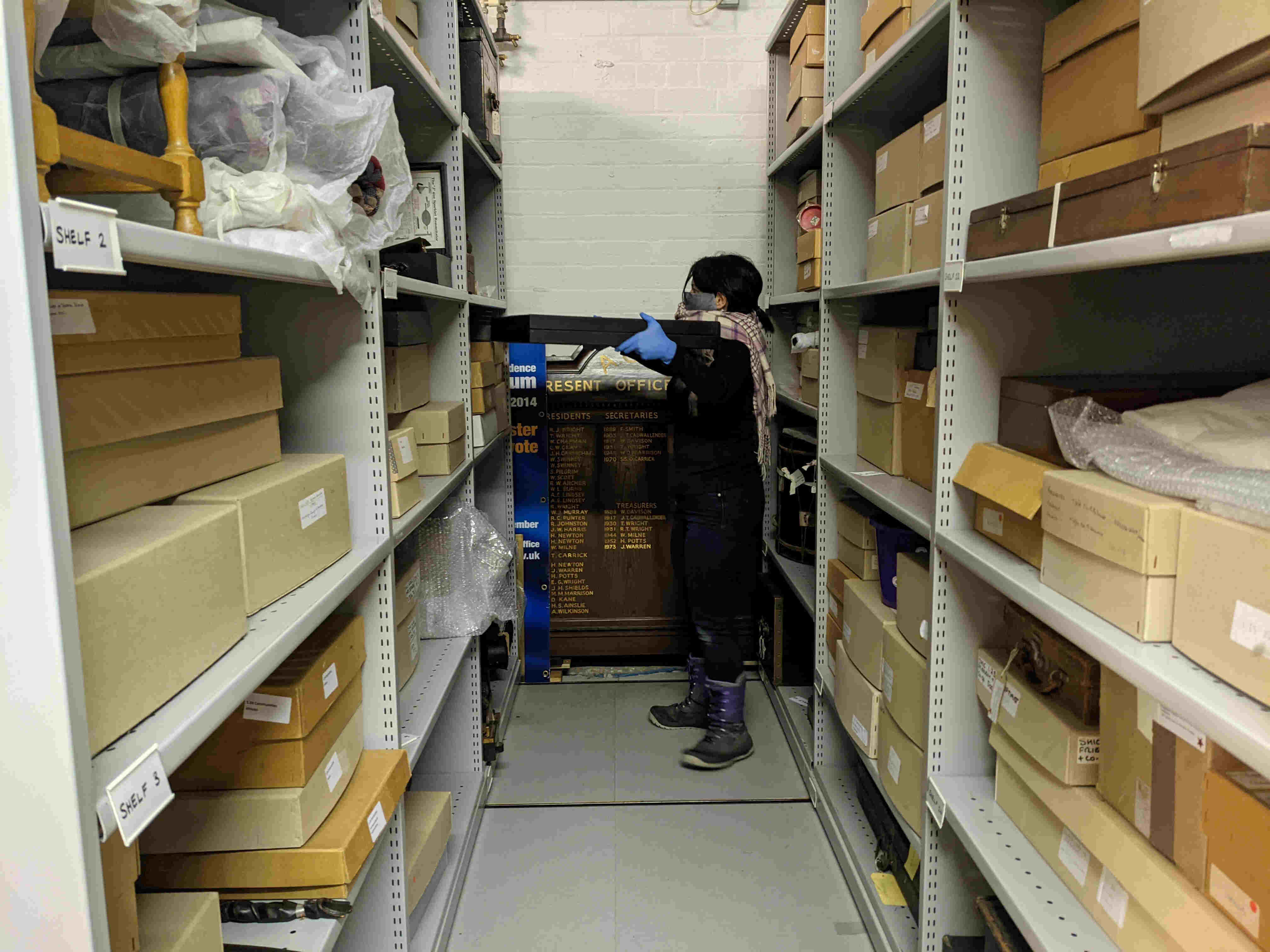 Collections Care Officer replacing box into storage rack Collections Care Officer replacing box into storage rack