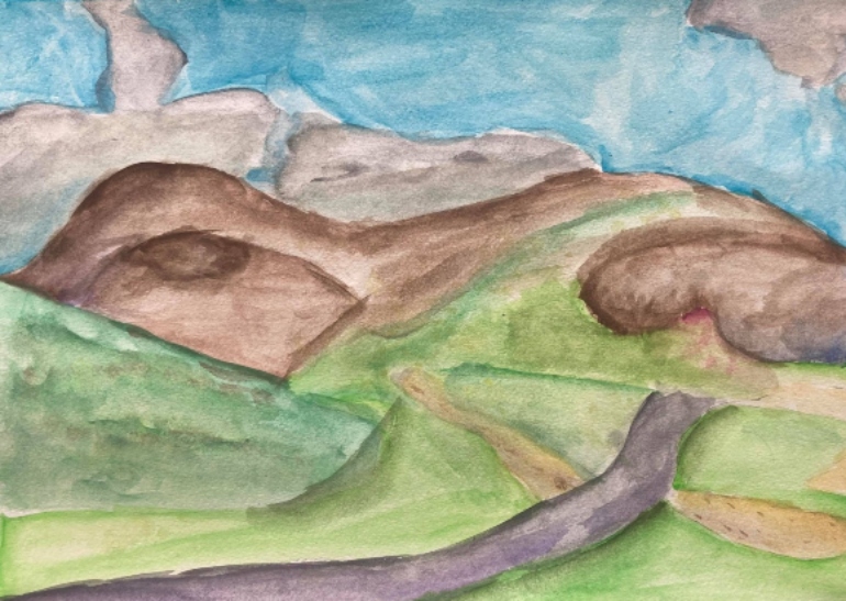 Abstract painting showing blue skies, green rolling hills, mountains and a road running through the valley