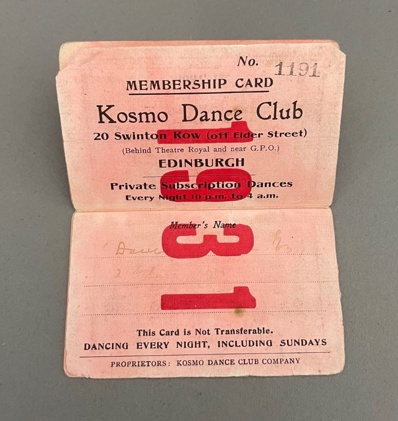 Detail of membership card for the Kosmo Club, Edinburgh, 1931