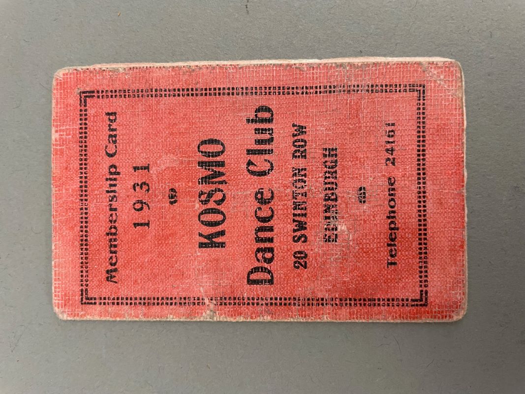 Membership card for the Kosmo Club, Edinburgh, 1931
