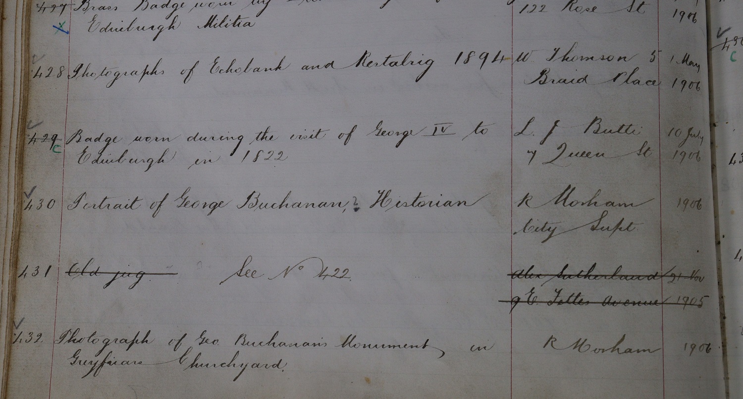 Entry from the Museum of Edinburgh's collections register showing the donation of the rosette by L. J. Butti