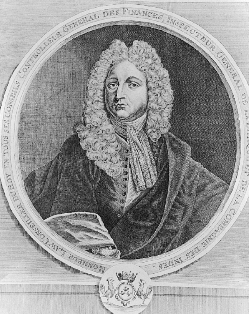 Head and shoulders sketch of John Law wearing long wig with curls on both sides
