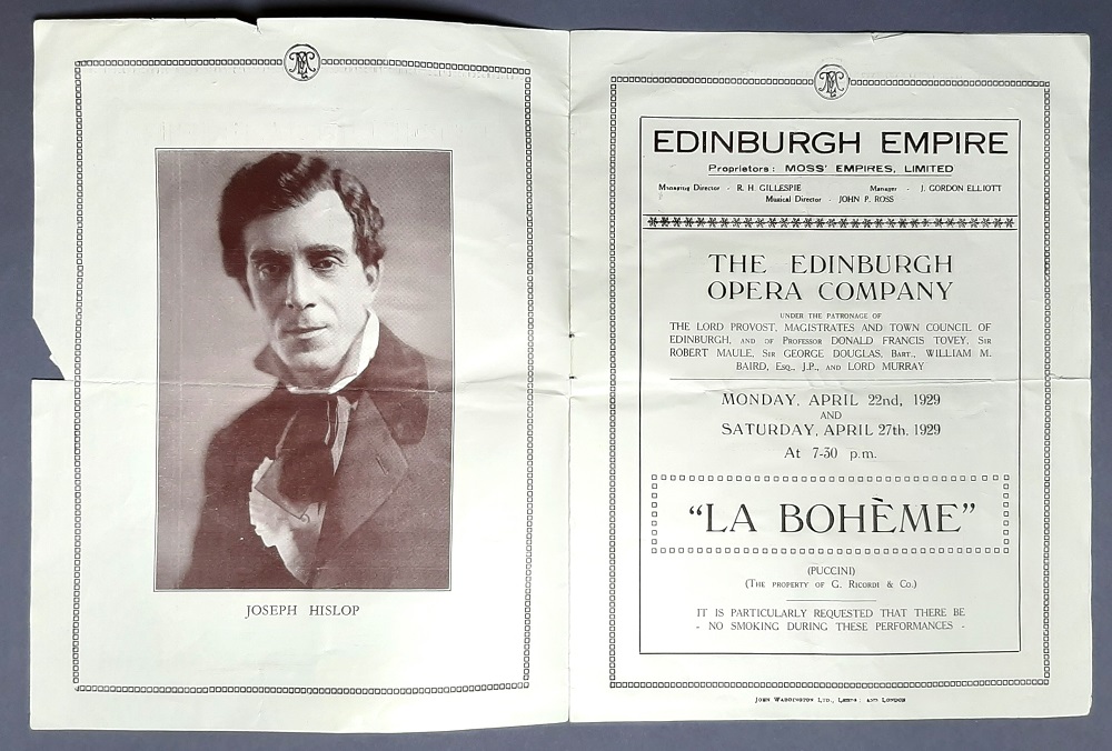 A theatre bill from the Museums & Galleries Edinburgh Collection of Hislop in ‘La Boheme’ at the Edinburgh Empire. © City of Edinburgh Council Museums & Galleries; Museum of Edinburgh