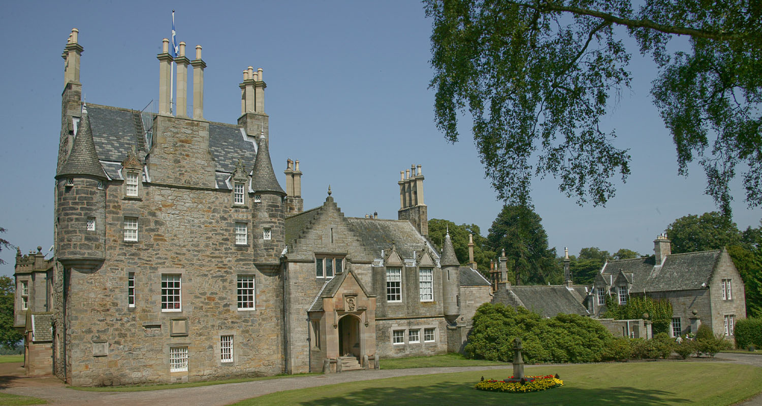 Lauriston Castle seen from the south with Scottish saltire on the flagpost