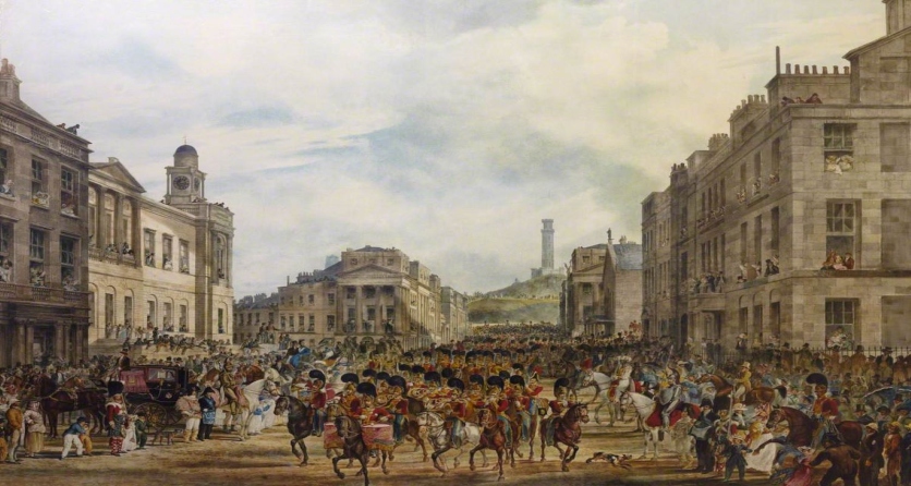 Crowds of people watch the procession of George IV entering Princes Street, Edinburgh in August 1822
