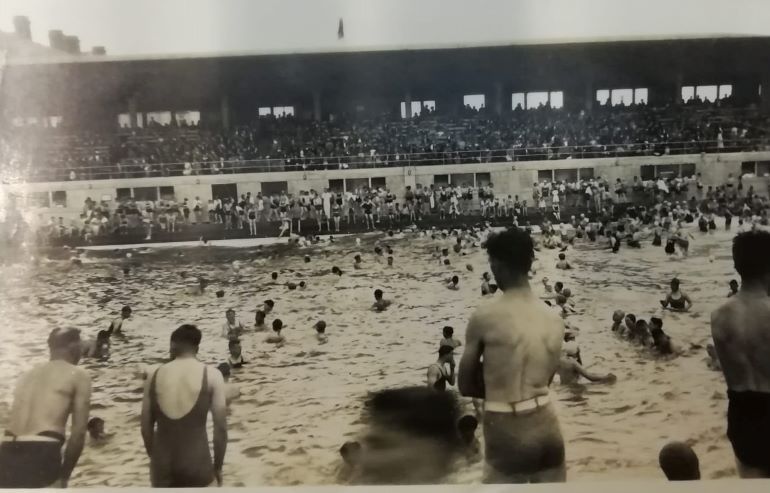 Swimmers at Portobello outdoor pool enjoy the wave machine