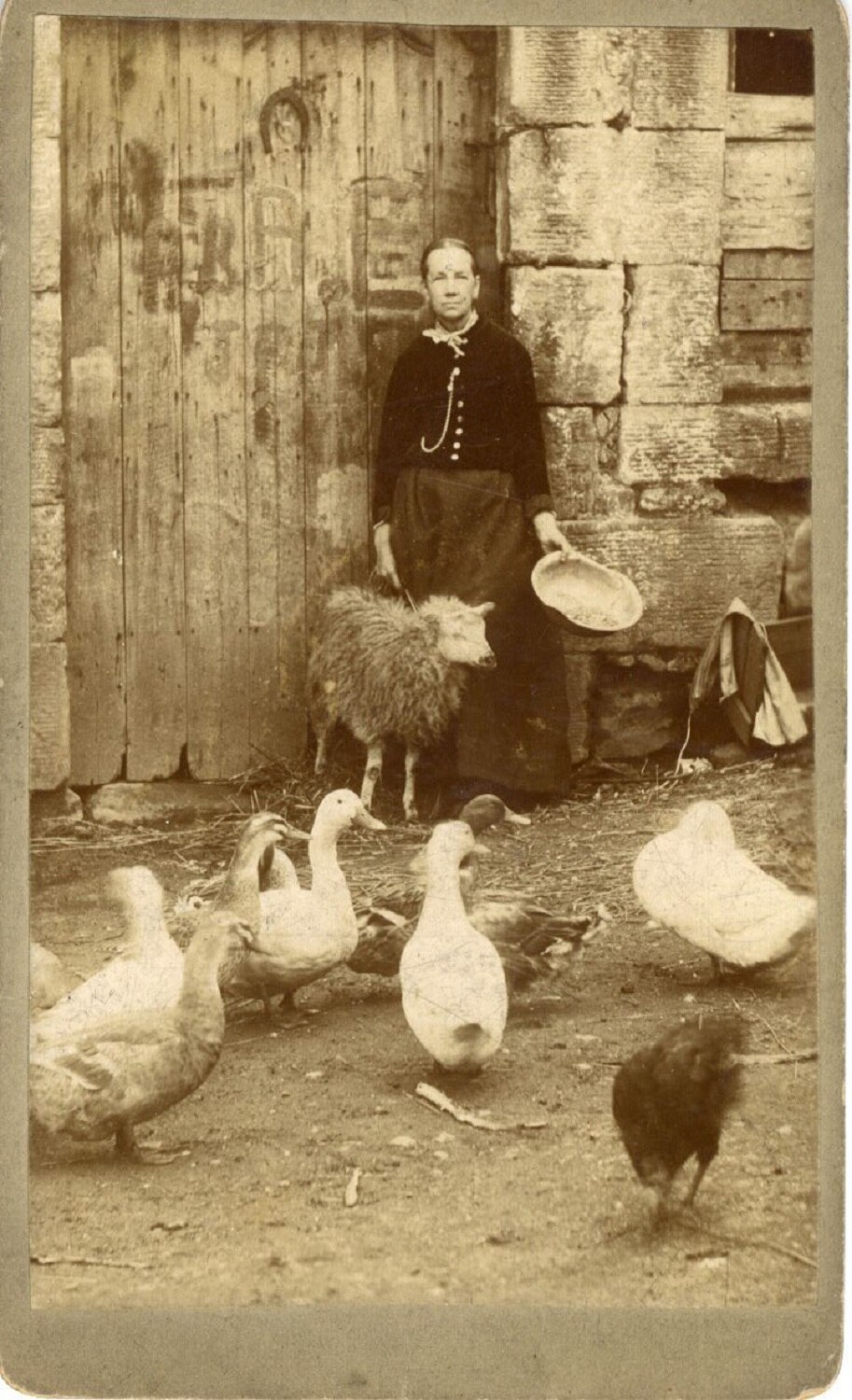 Unnamed woman standing outside a building holding a sheep and feeding geese, South Queensferry, 1897 – 1903. Image © City of Edinburgh Council Museums & Galleries; Queensferry Museum