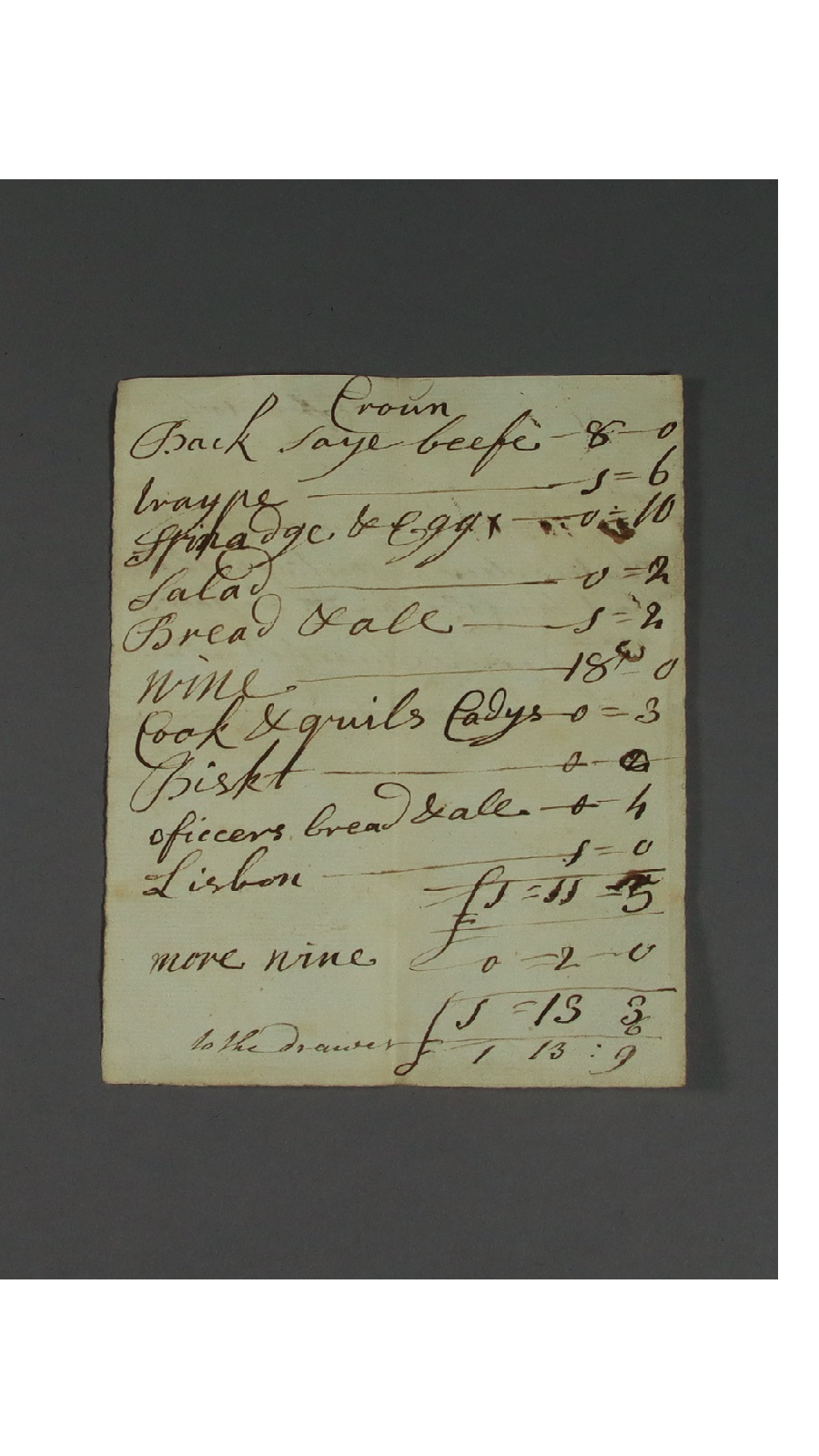Handwritten text on an 18th century tavern bill