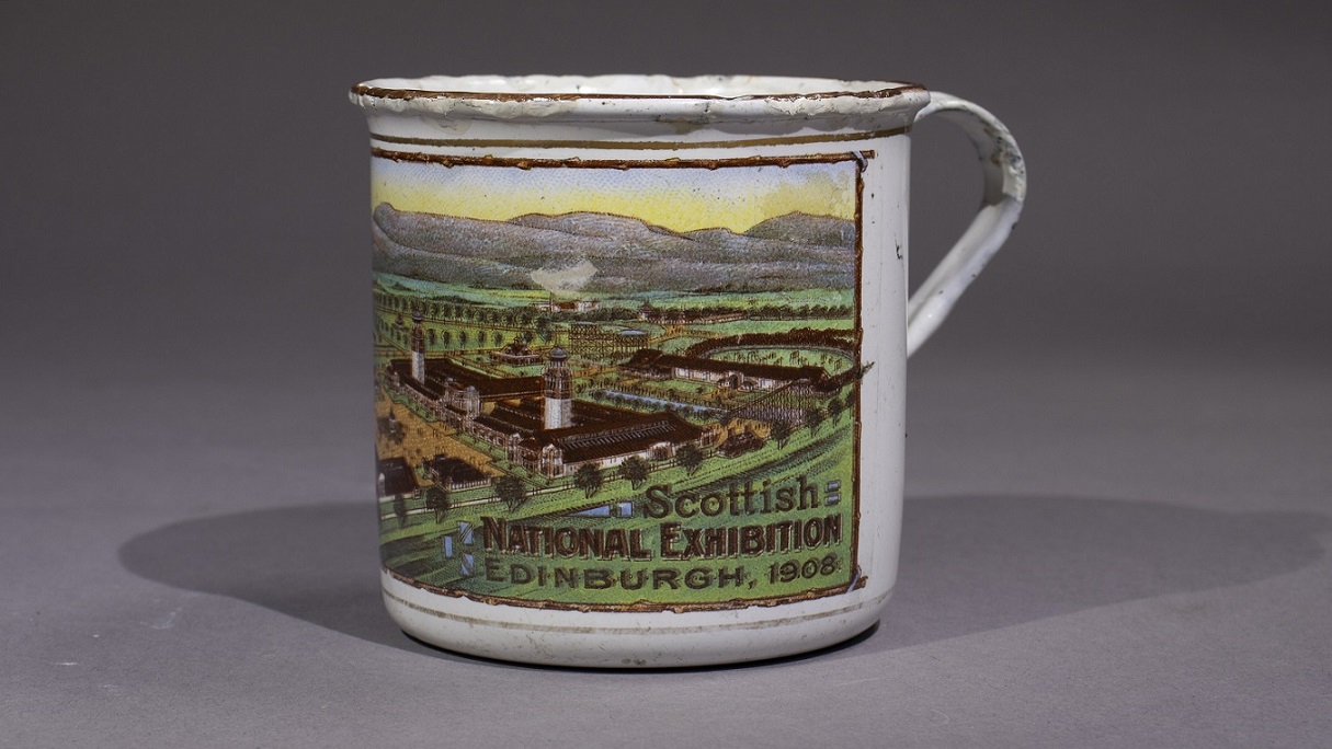 Enamelled tin cup from the Edinburgh International Exhibition 1908