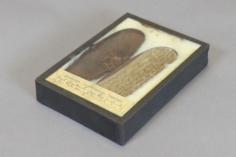 Hugh Miller's spectacle case in an old museum display box