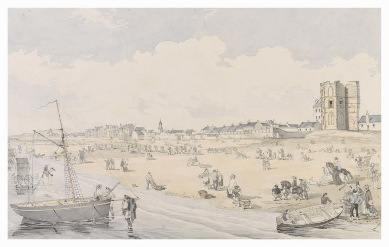 Painted view of the shore at Portobello with boats, 19th century