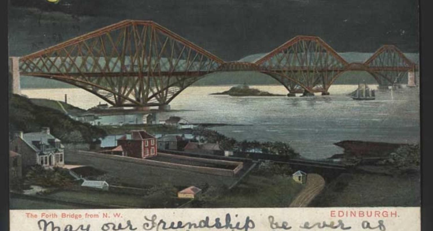 Historical Postcard showing the Forth Rail bridge in Queensferry
