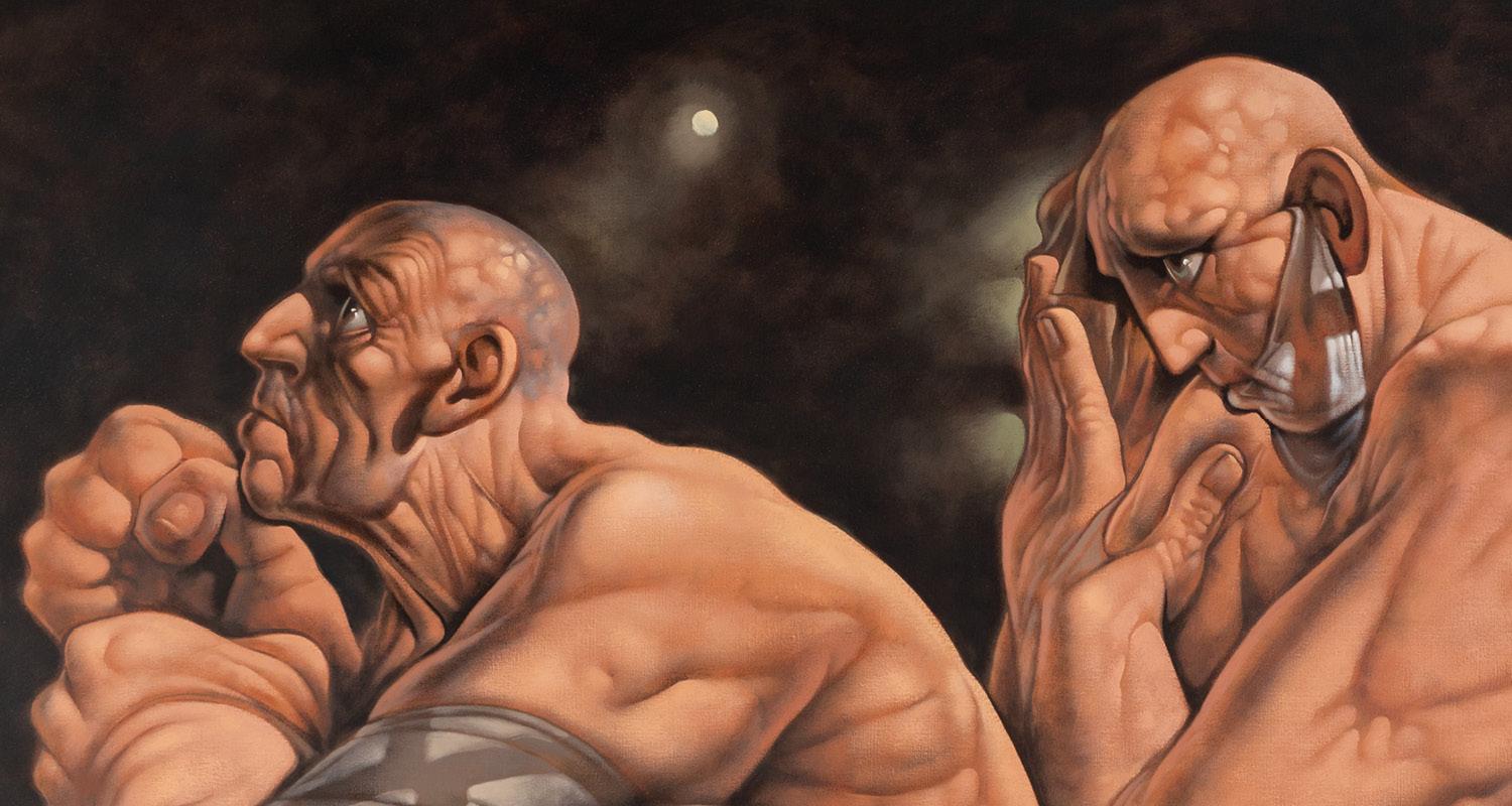 Detail of a painting by Peter Howson featuring 2 men painted in brown hues with the moon between them in distance