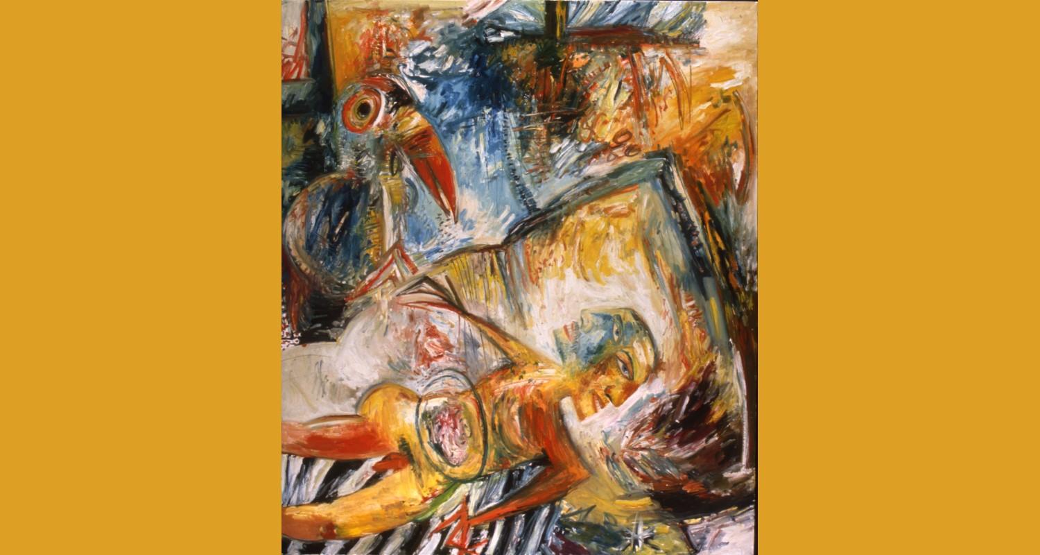 A painting of a naked yellow man with two heads, twig-like hands, and his intestines are visible. The background is blocks, stripes and swirls of colour 
