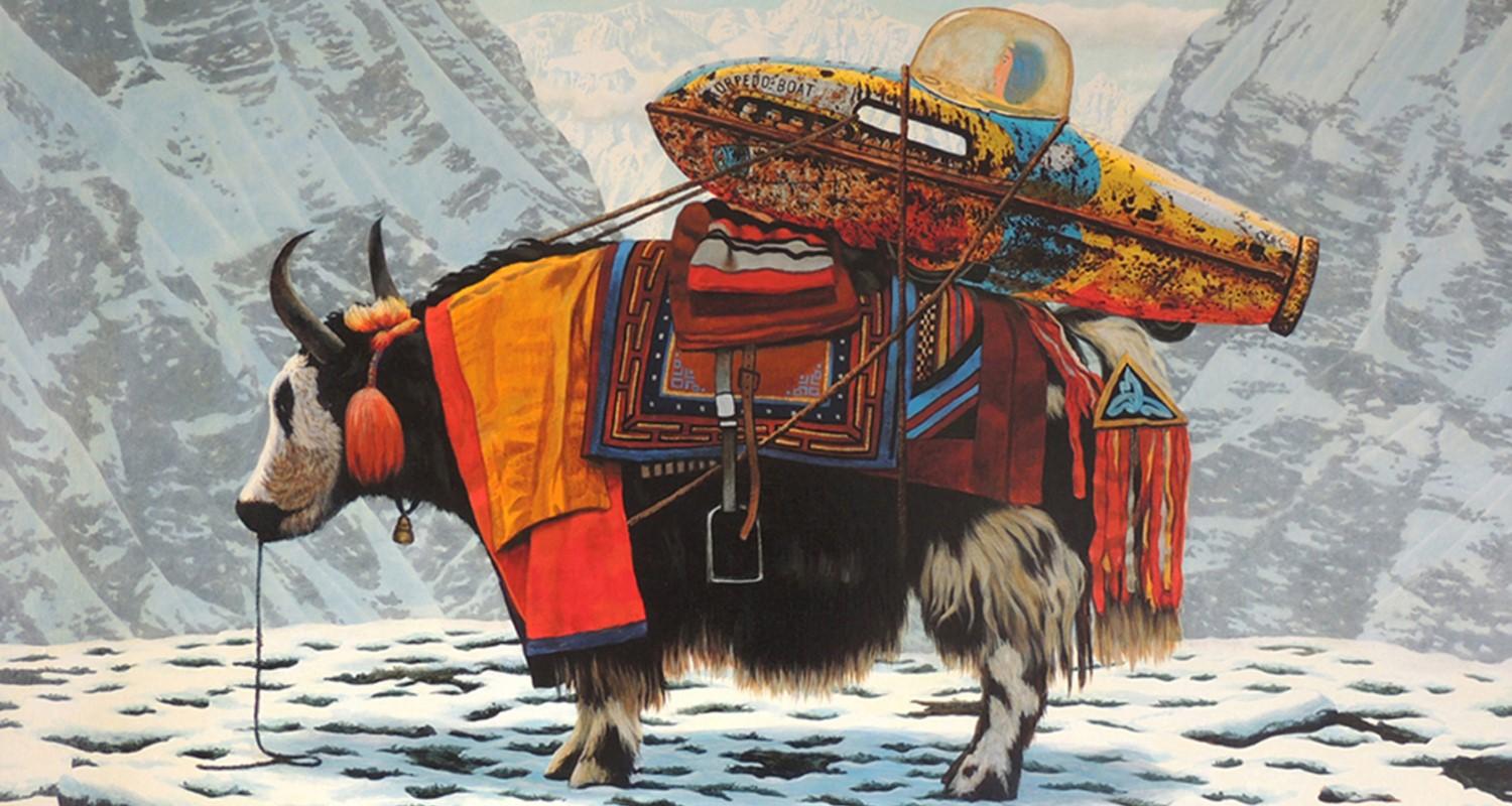 Snowy Mountain backdrop with a yak carrying brightly coloured materials on its back