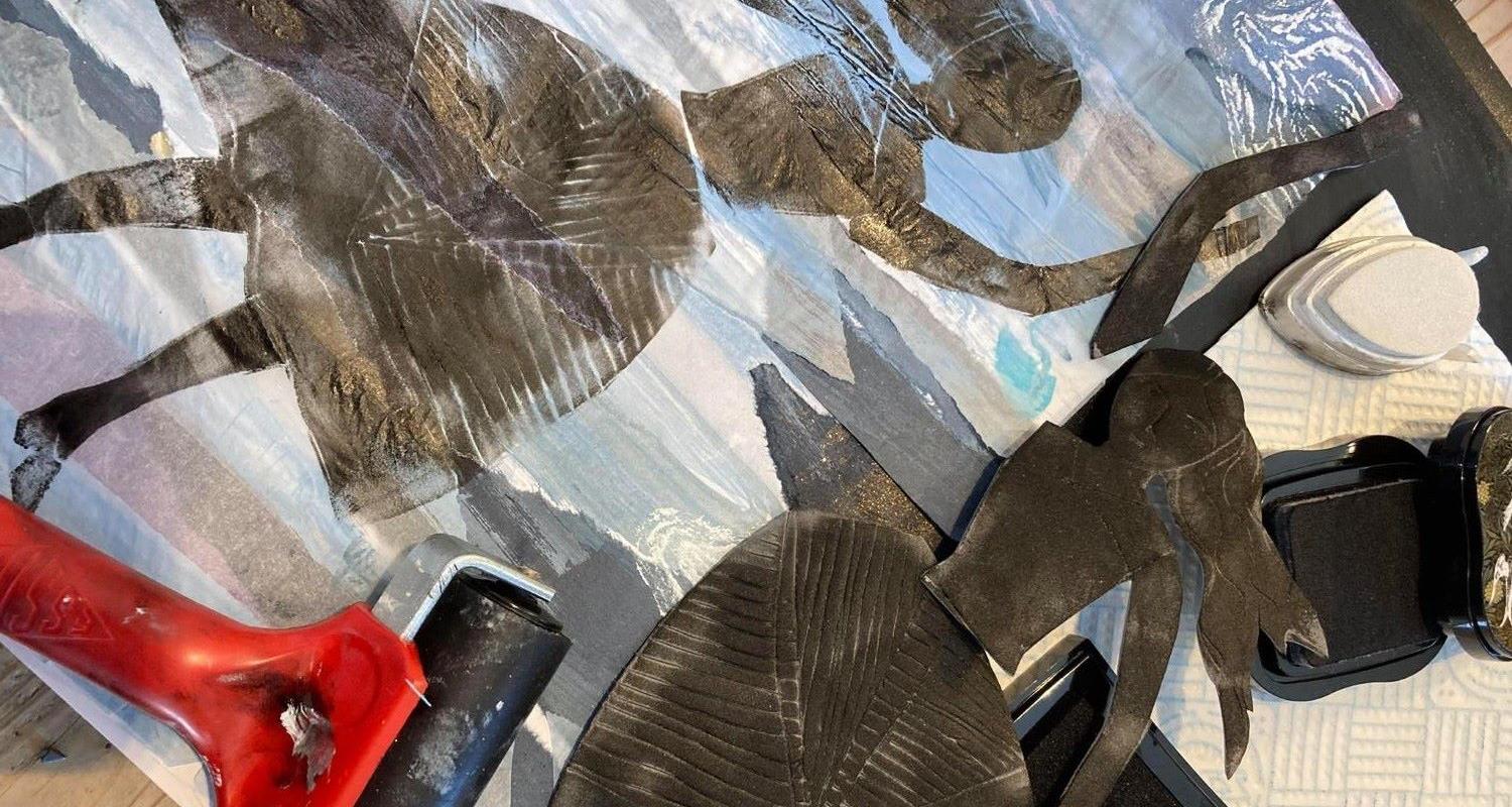 A printmaking craft table