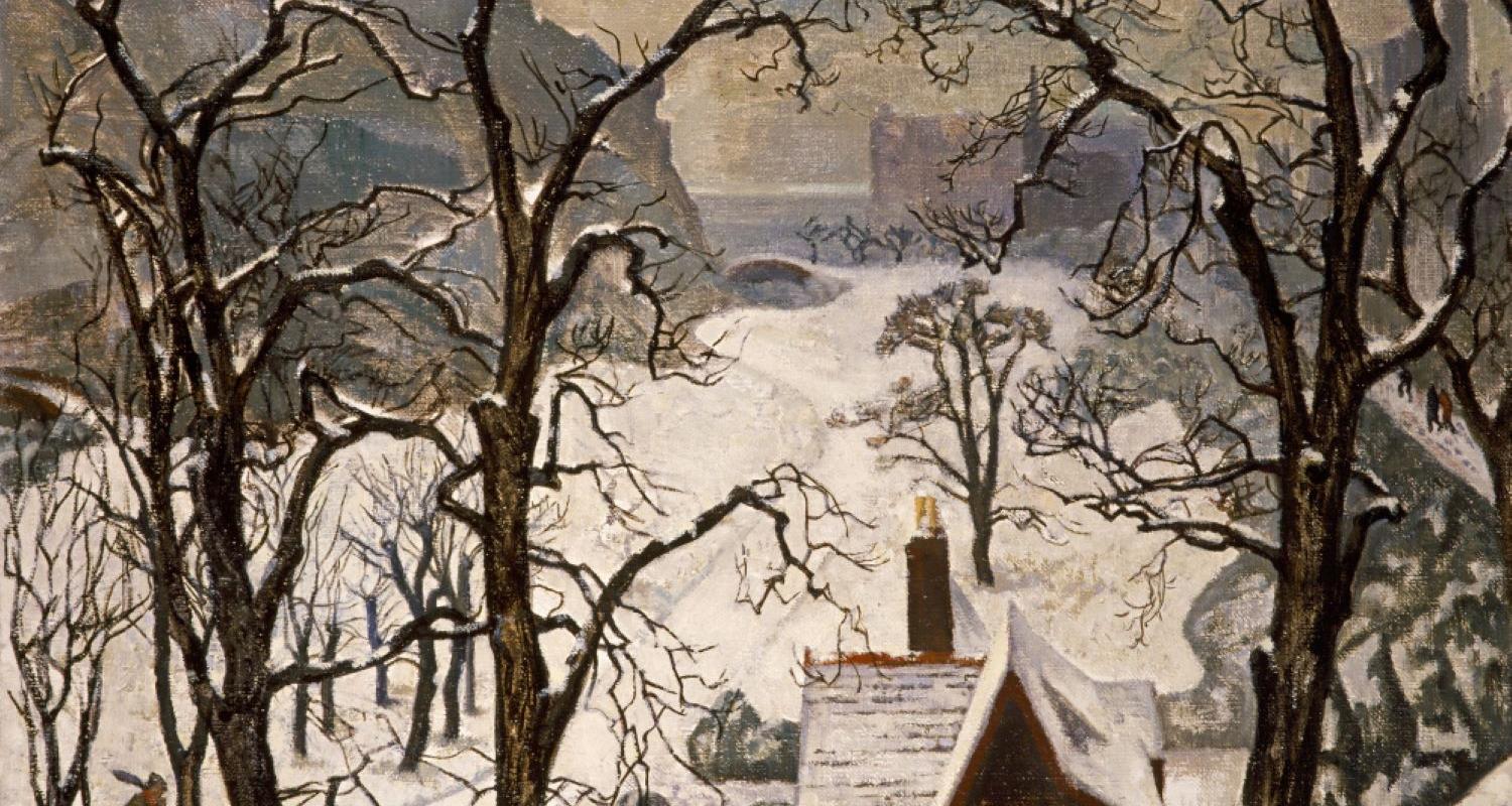 Painting by Crozier showing snow in Princes Street Gardens Edinburgh with Edinburgh Castle in background