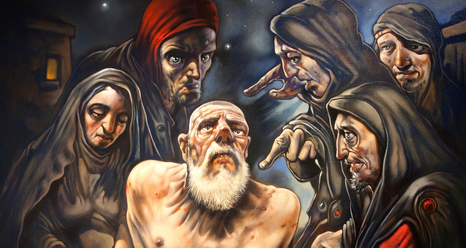 Detail of a painting by Peter Howson featuring 5 people in cloaks surrounding a man in centre 