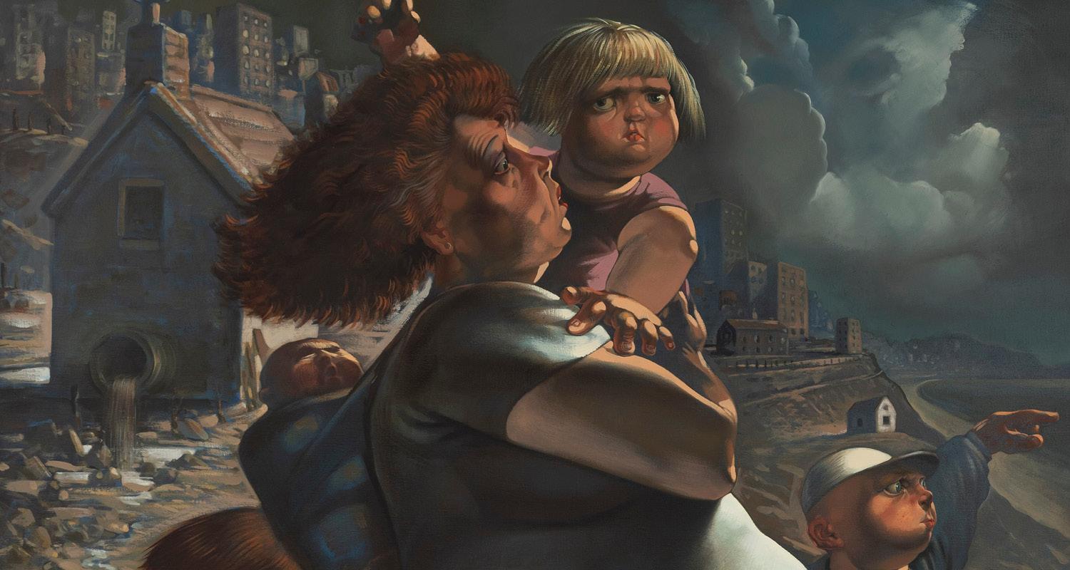 Detail of a painting by Peter Howson showing a person and 2 children set against a barren urban landscape 