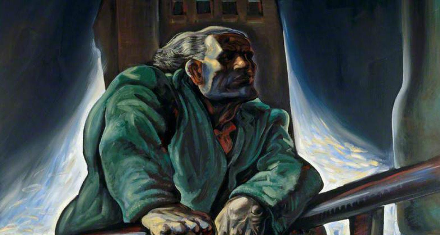 Detail of a Painting by Peter Howson showing a figure in green set against a mysterious background