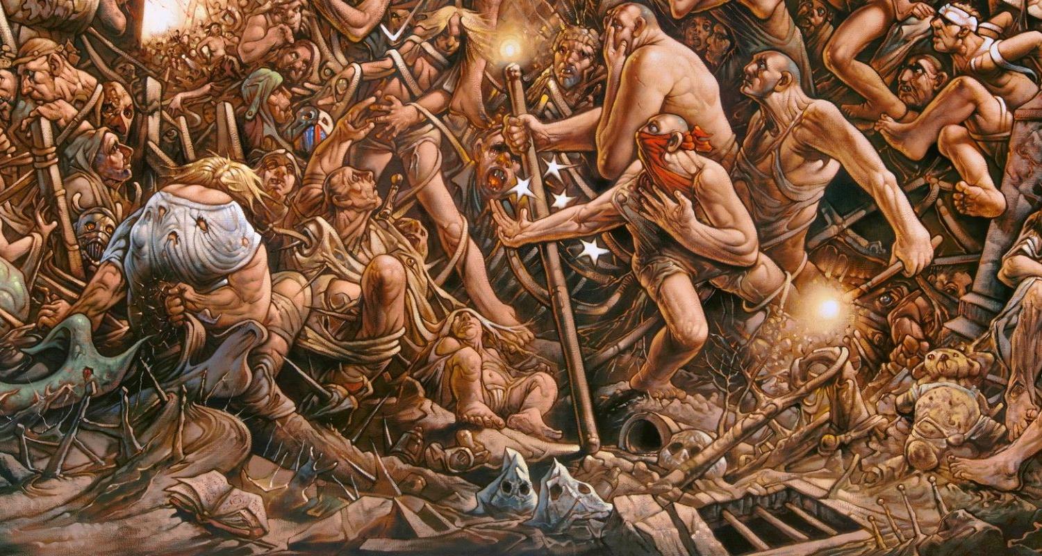 Detail of a Peter Howson Painting featuring lots of writhing figures