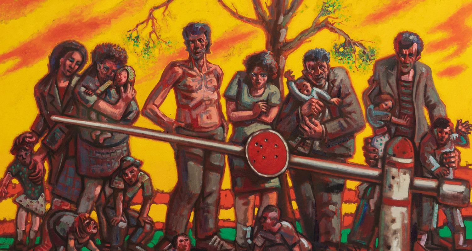 Detail of a painting by Peter Howson featuring a group of people set against a bright yellow background