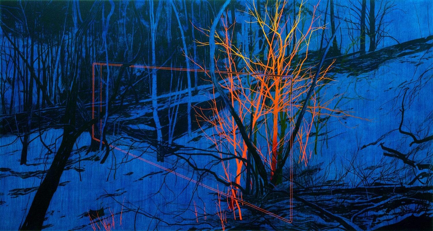 An abstract image of bare trees and fallen branches in black, blue and orange shades