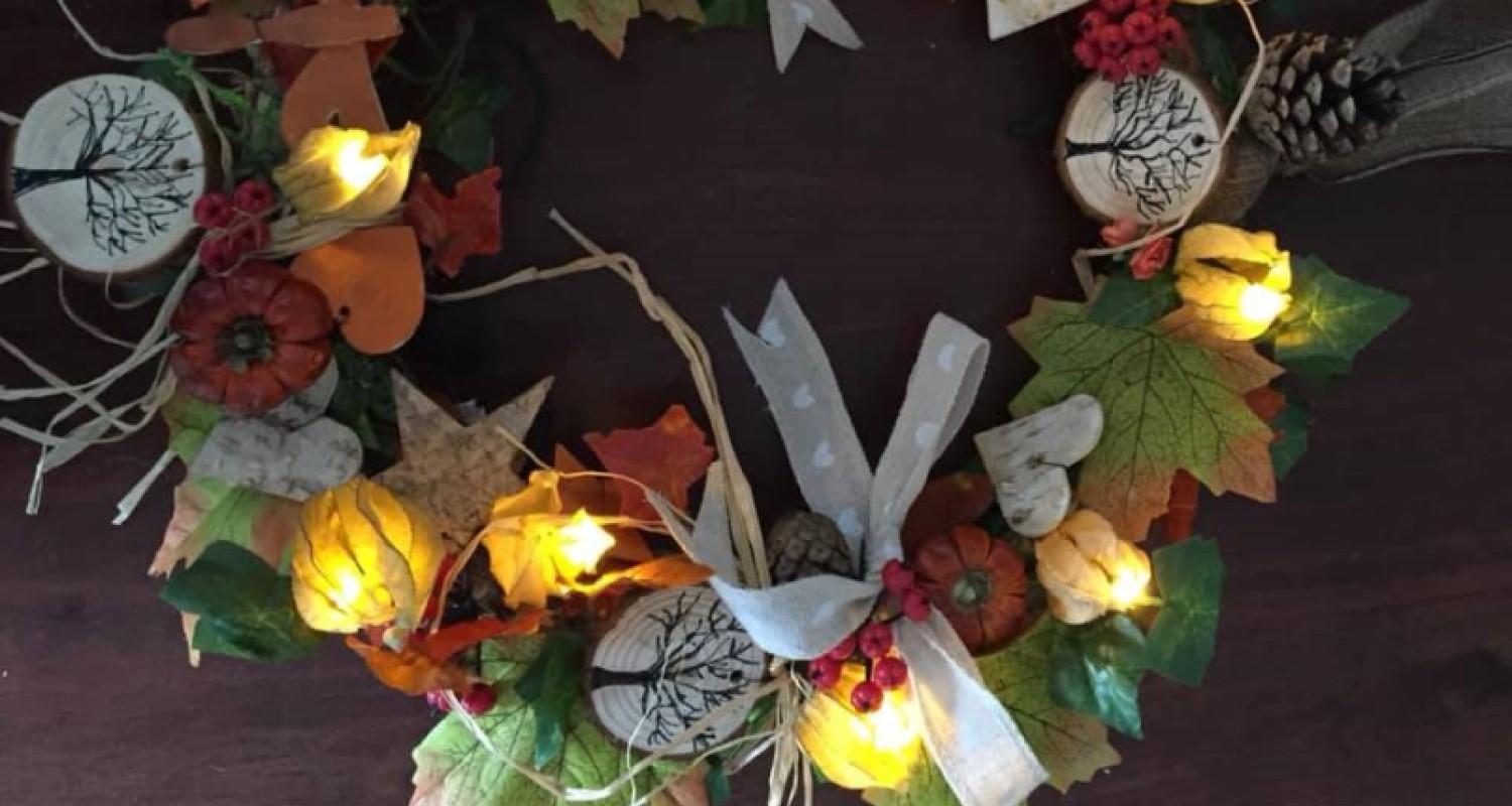 An autumn wreath with fairy lights