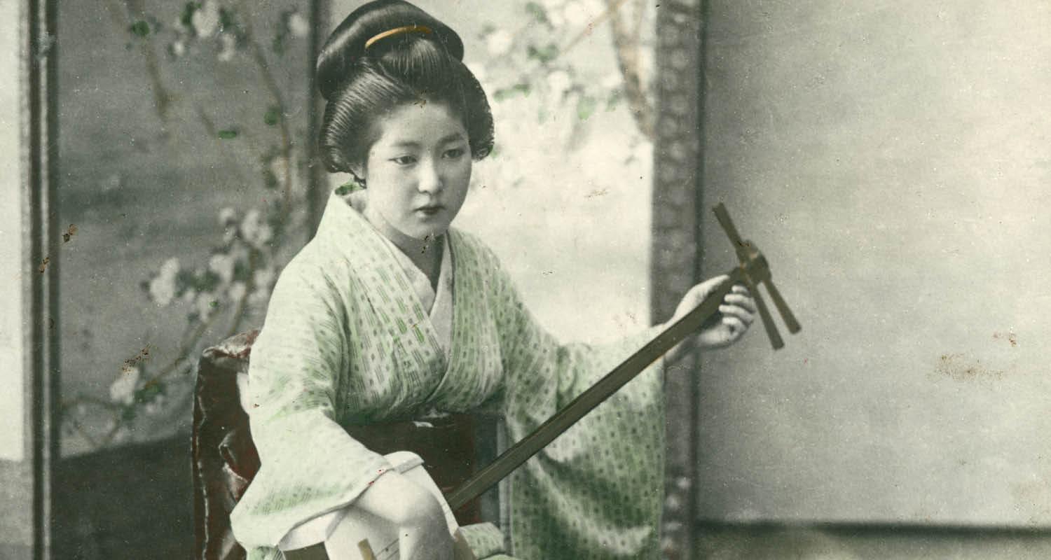 Japanese woman playing a shamisen unknown photographer Yokohama shashin print 1890-1920 National Trust for Scotland Broughton House