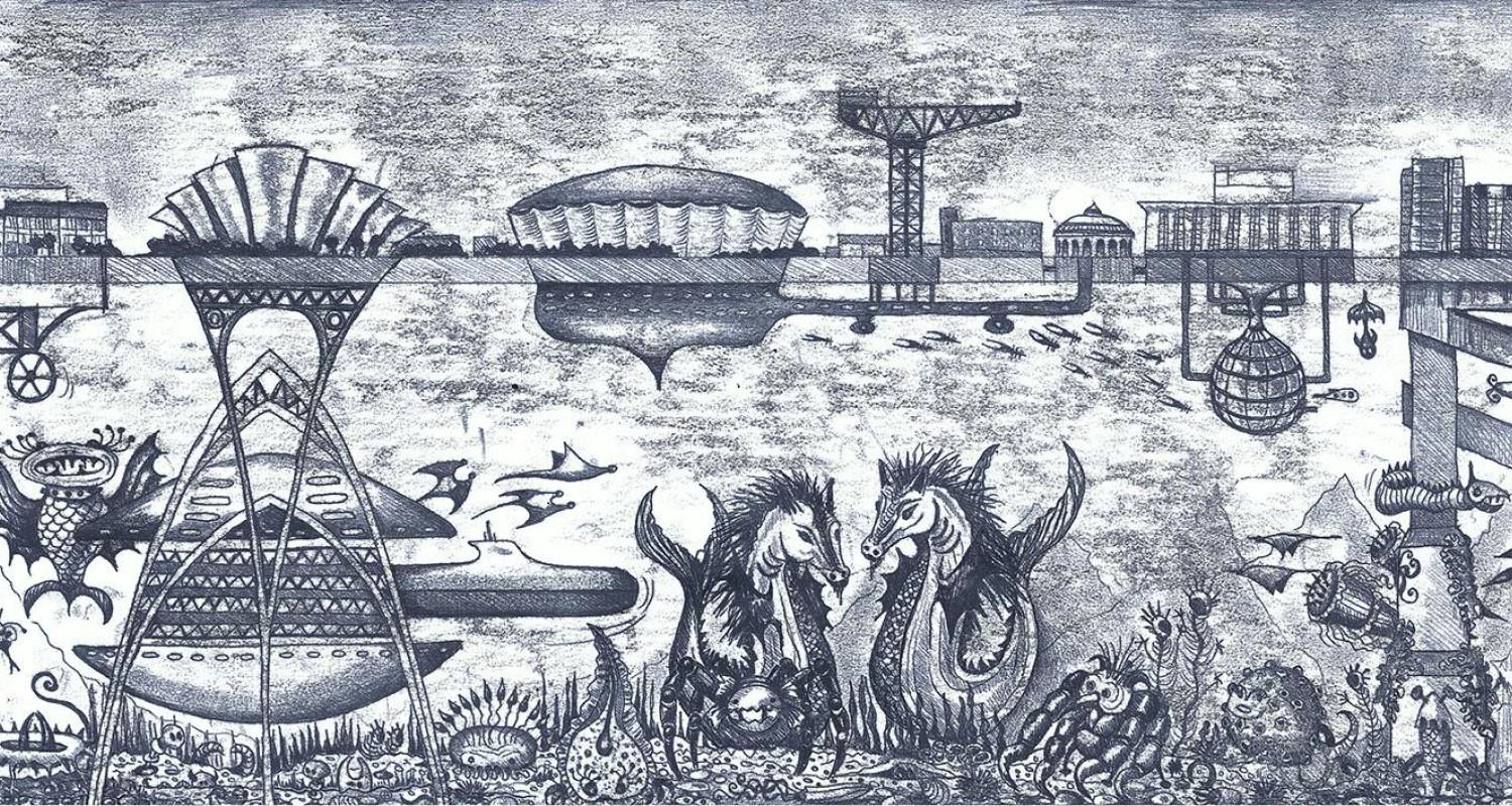 A black and white sketch of the River Clyde, with dragons, snakes, rockets, cranes etc