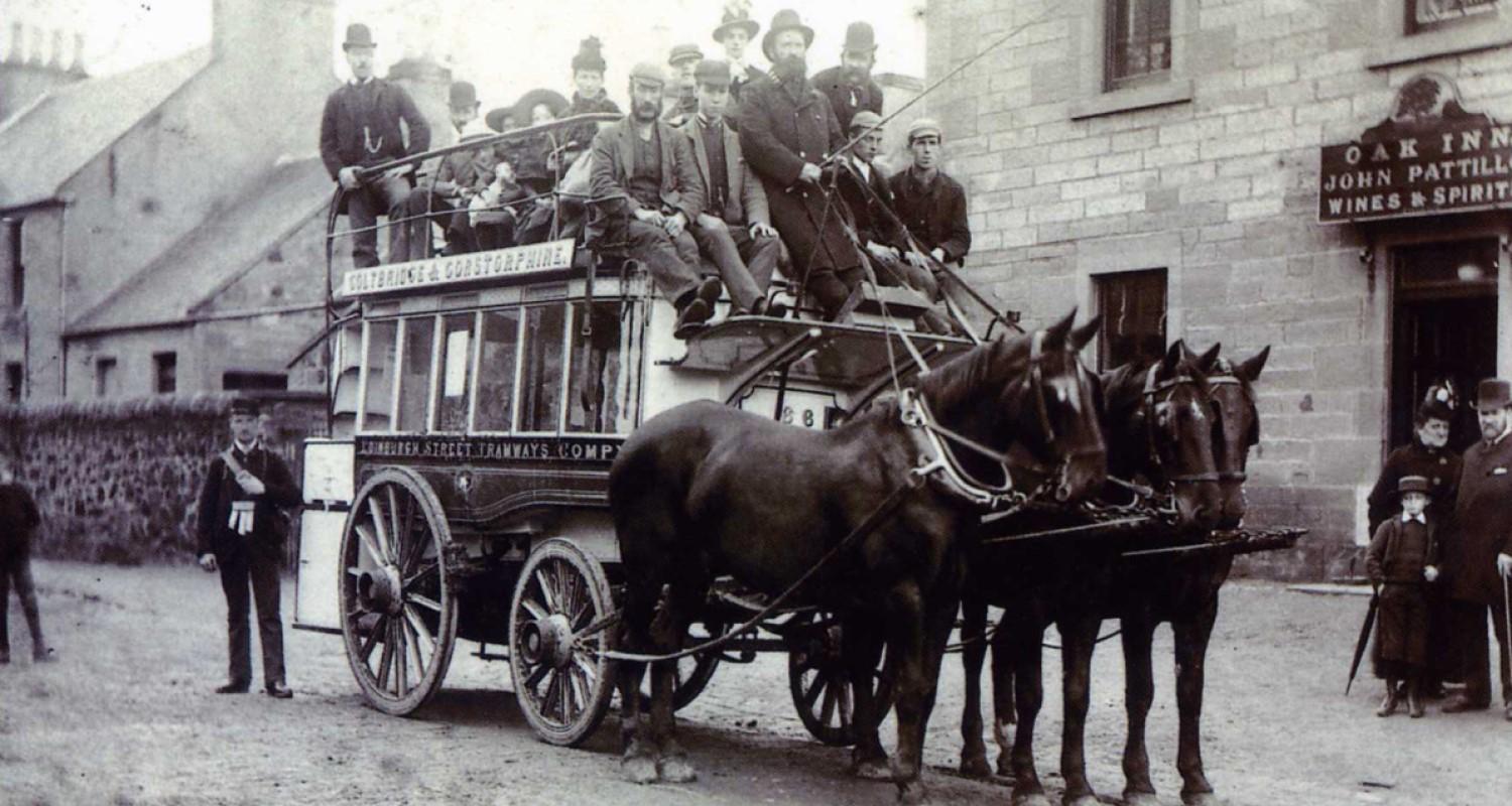 A horse bus with three horses full of passengers outside the Oak Inn, Corstorphine, c1890
