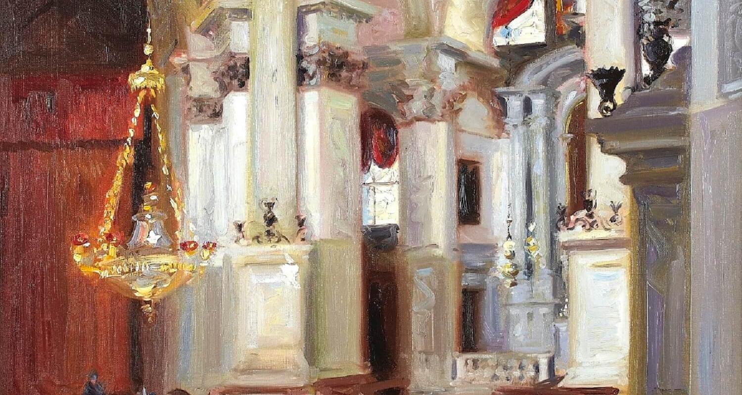 -	F.C.B. Cadell, Interior – Santa Maria della Salute, Venice, 1911. On loan from a private collection.
