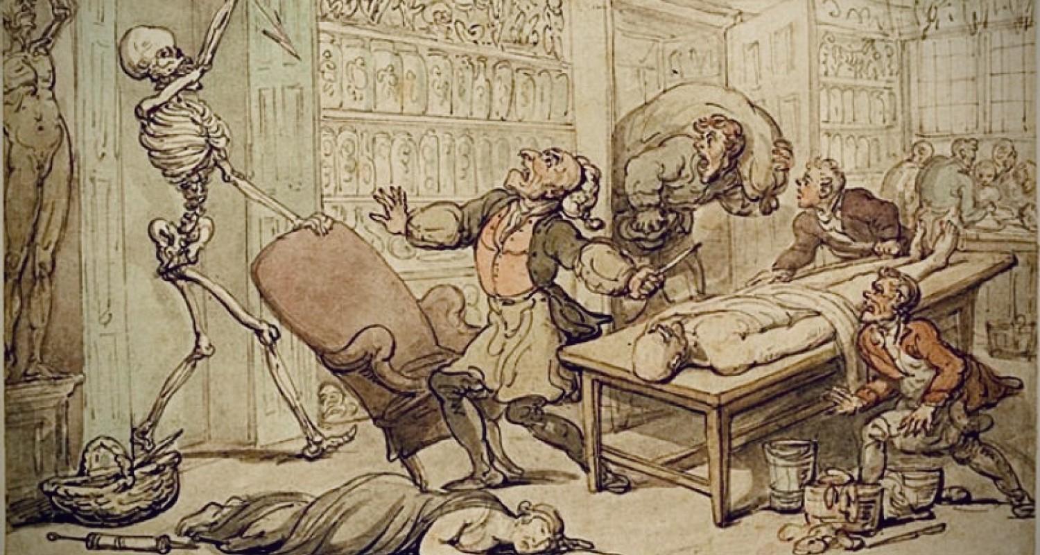 Image of men around a dissection table and another entering with a body in a sack; a body is on the table, a woman lies unconscious on the floor. A skeleton in the doorway wields a sharp implement and the men look up at it in horror