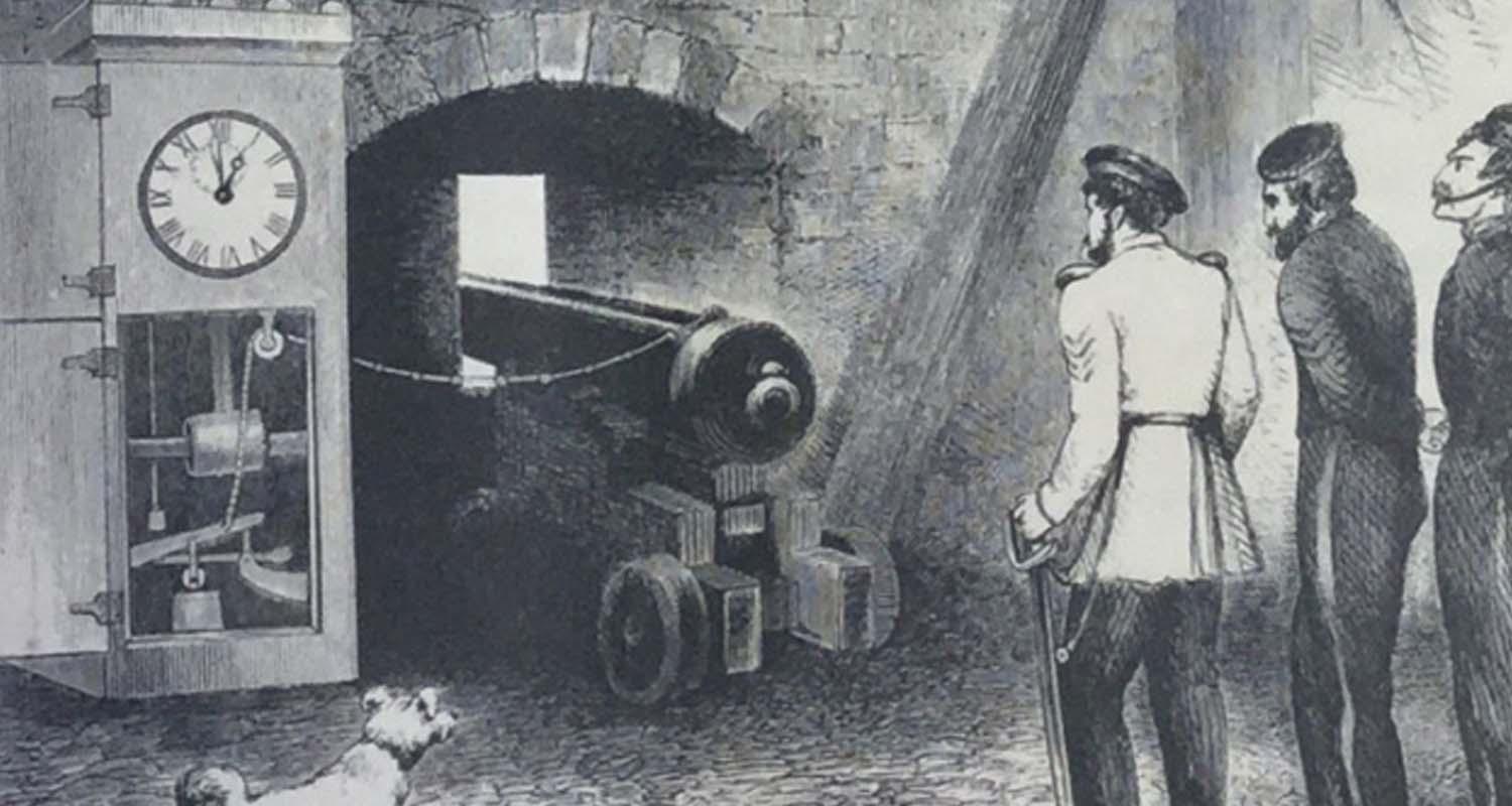 Etching showing one o'clock gun at Edinburgh Castle 