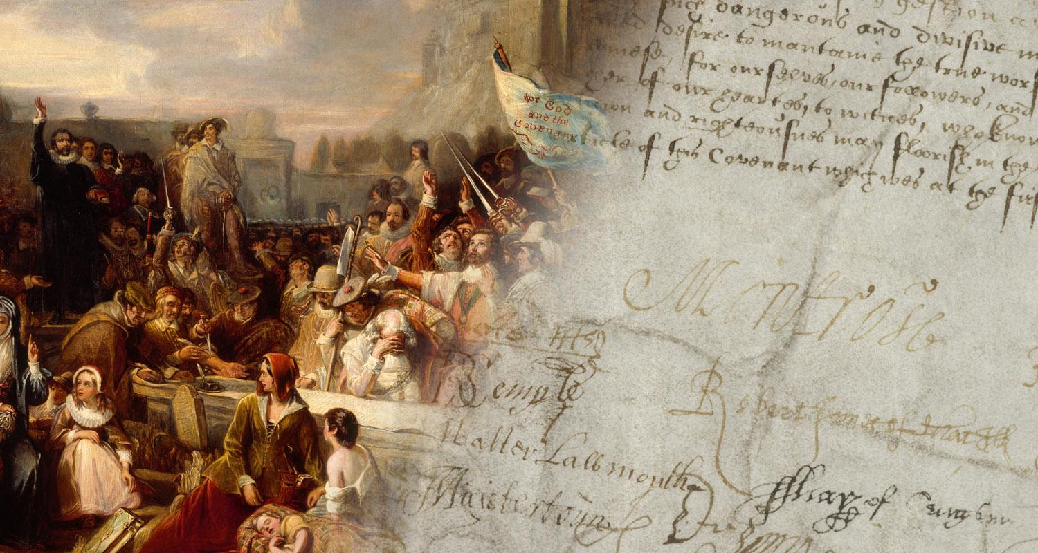 A blended image showing a painting of a group of people in a churchyard signing a document with Edinburgh Castle in the background, fading into a detail view of a document with old handwriting and signatures including "Montrose"
