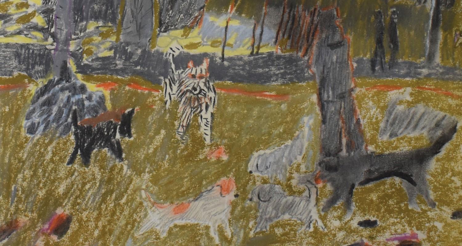 Coloured naive-style sketch of dogs in a park