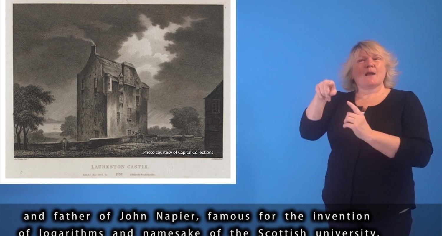 Picture of lady signing in BSL in front of a historic image of Lauriston Castle.