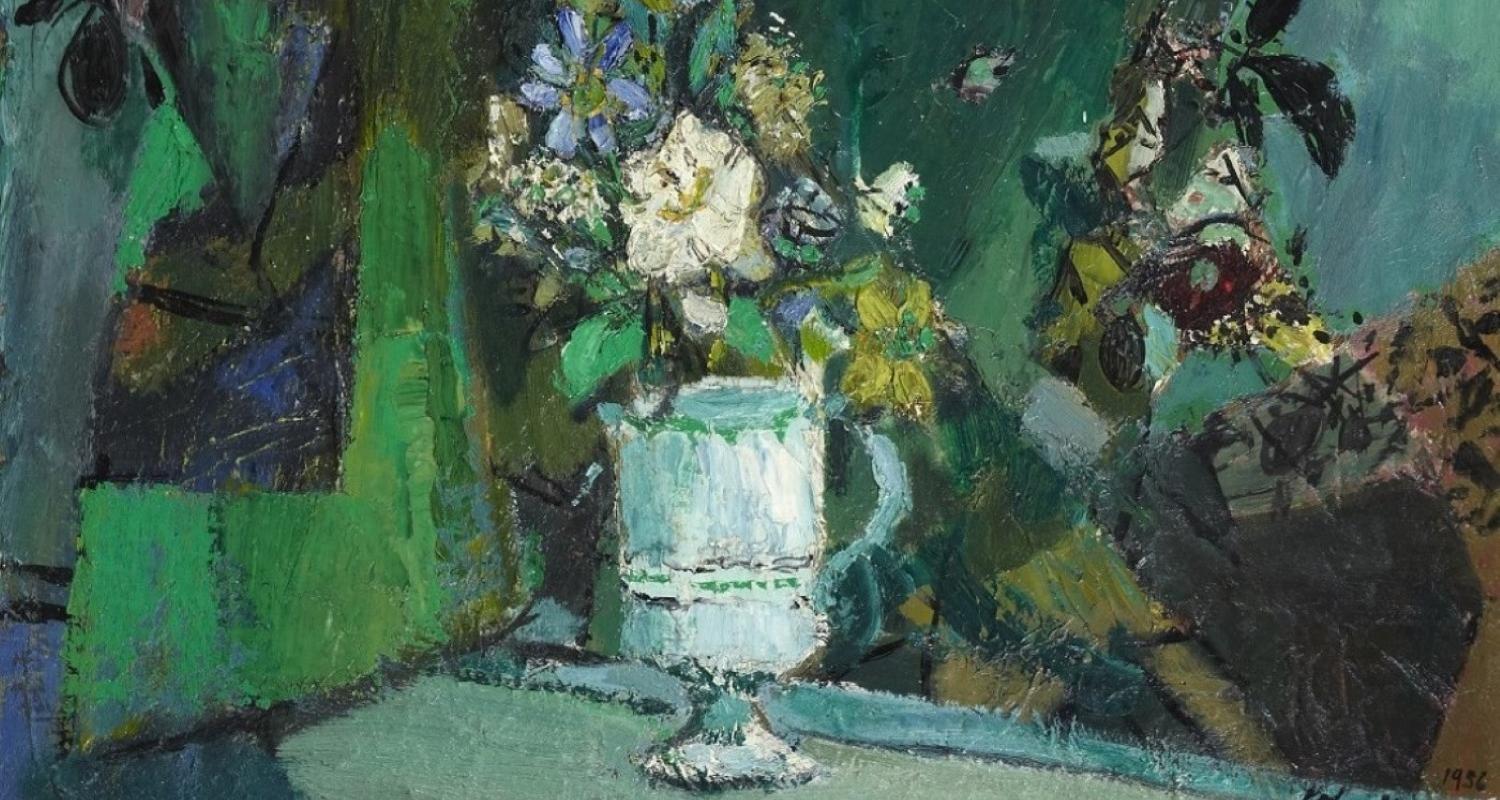 Abstract painting of a jug of flowers
