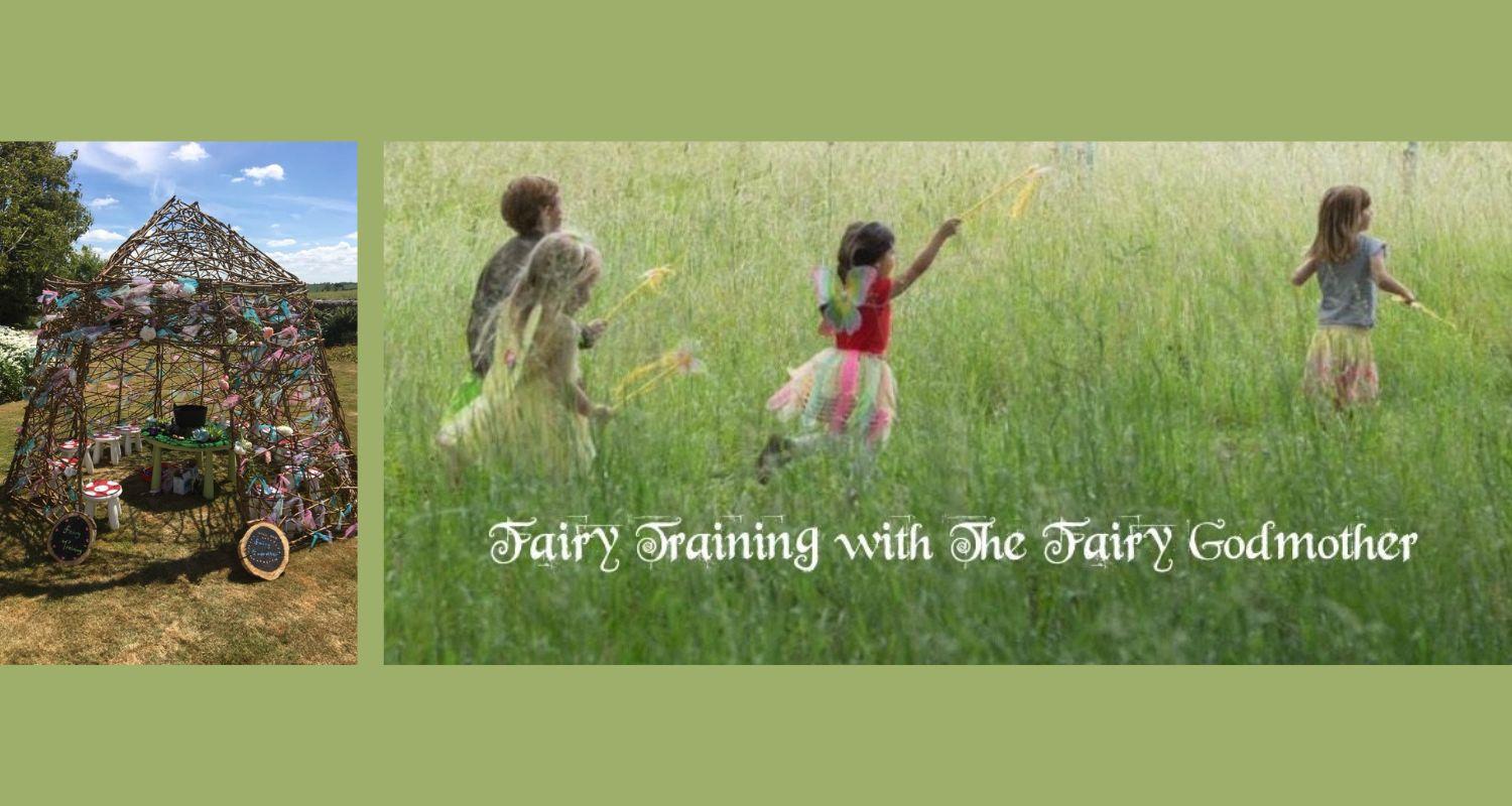 A photo of children running through grasses with text saying 'Fairy Training with the Fairy Godmother'