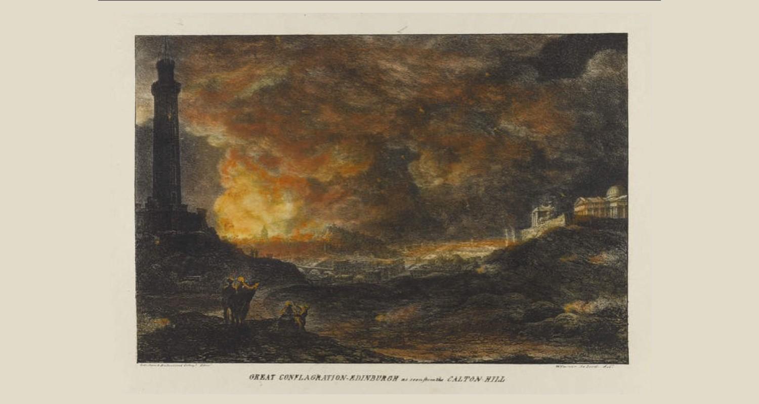 Painting of the Great Conflagration as seen from Calton Hill, with Nelson Monument to the left