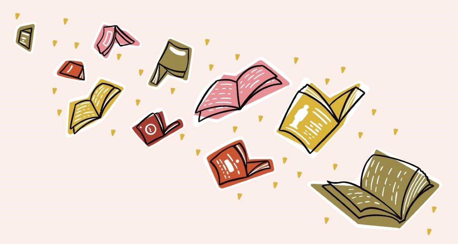 A graphic of stylised flying books