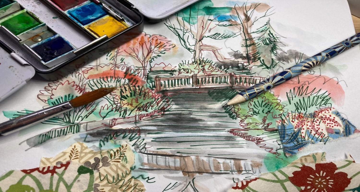 A watercolour sketch of trees, a bridge and a stream 