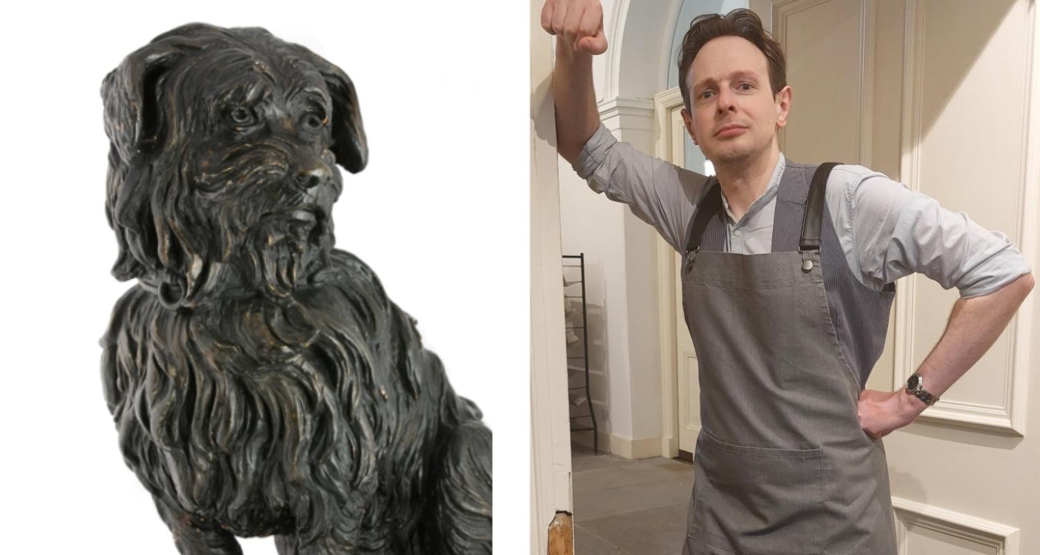 A statue of Greyfriars Bobby and a photo of a person standing leaning against a wall