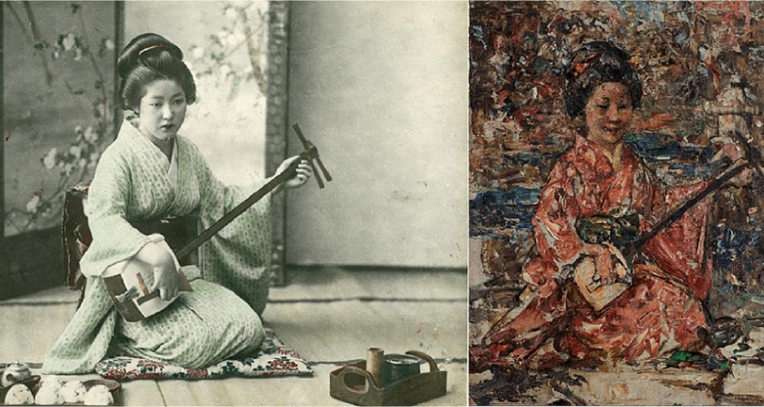 attributed to Tamamura Kōzaburō, before 1921, Yokohama shashin print, National Trust for Scotland A Japanese musician playing a shamisen, E. A. Hornel, c.1921–25, oil on canvas, National Trust for Scotland