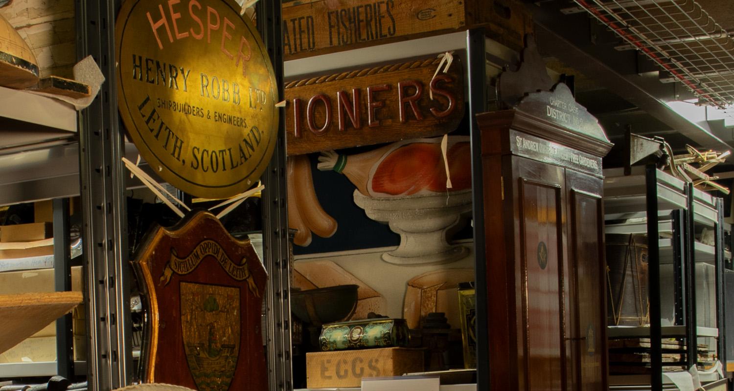 Items from Leith in racking in the museum store