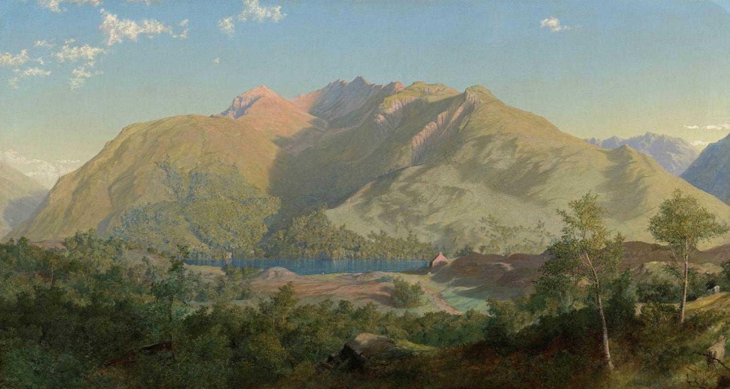 Painting of mountains with a small house and lake in middle ground and trees in foreground 