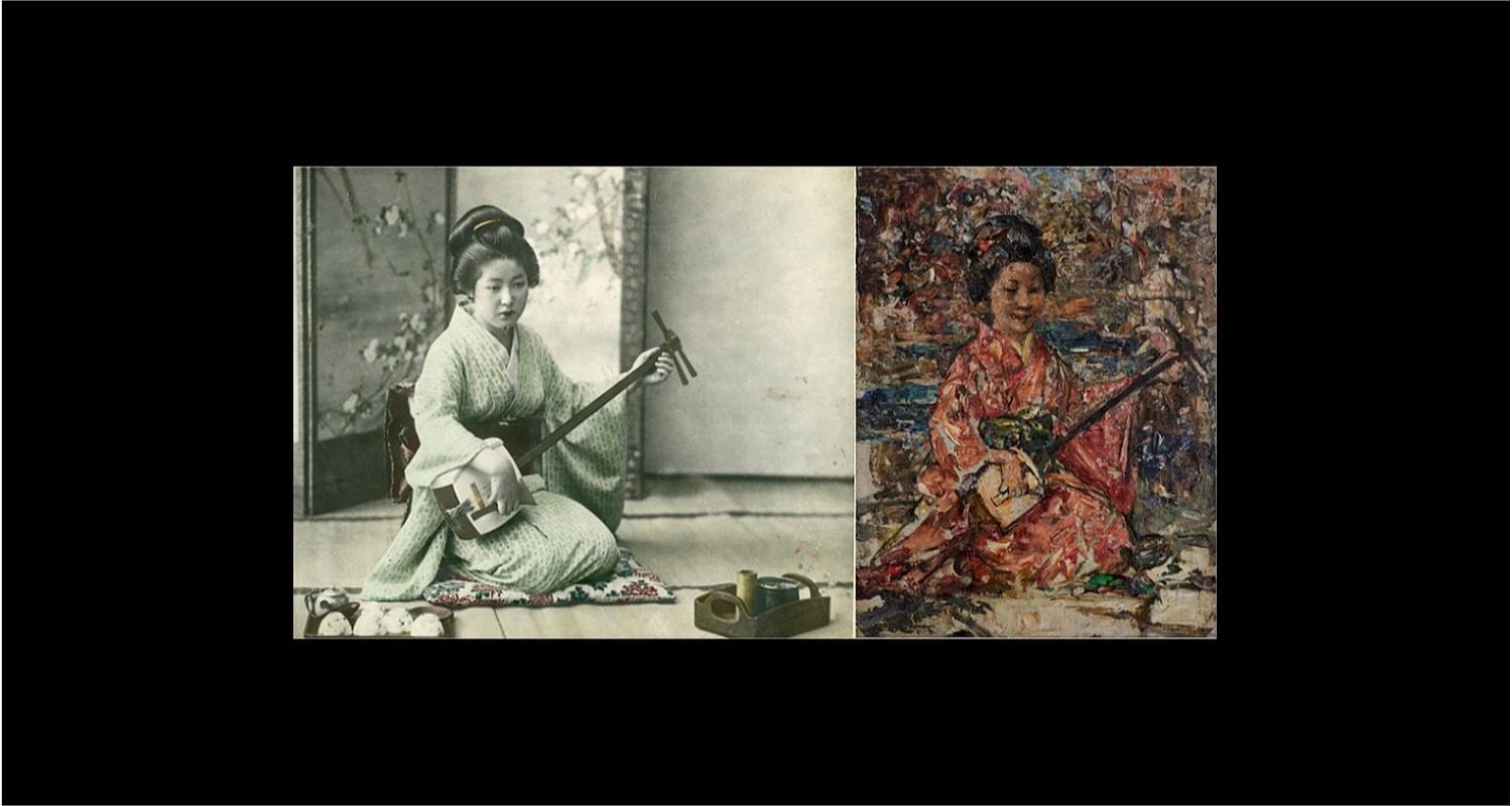 Japanese woman playing a shamisen